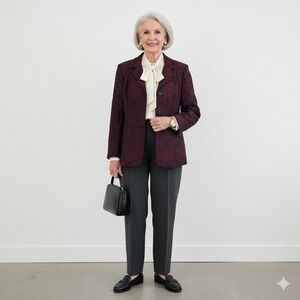 Coldwater Creek Burgundy Floral Jacquard Blazer Jacket Womens Petite M Old Money